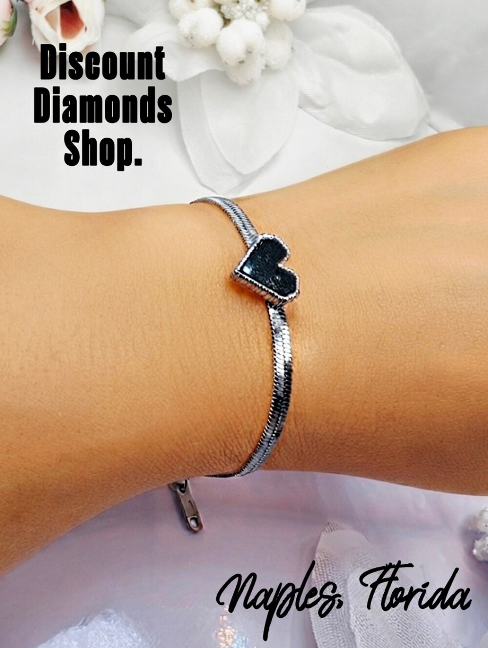 18K White Gold Heart Bracelet on Titanium Steel Heart Bracelet 